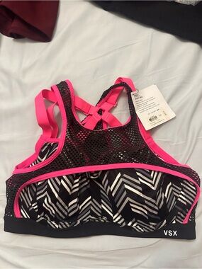 VSX Black & Hot Pink Mesh Overlay Sports Bra with Chevron Print